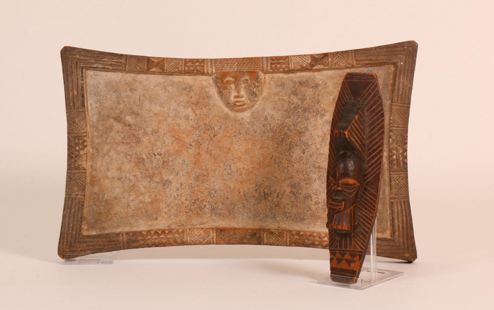 DRC., Songye, carved wooden ornament and Yoruba a Ifa oracle board.