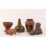 South America, four terracotta objects and one antique glass gin or jenever bottle.