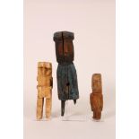 Panama, Kuna, three wooden medicine dolls. Two anthropomorphic and one stylized bird.