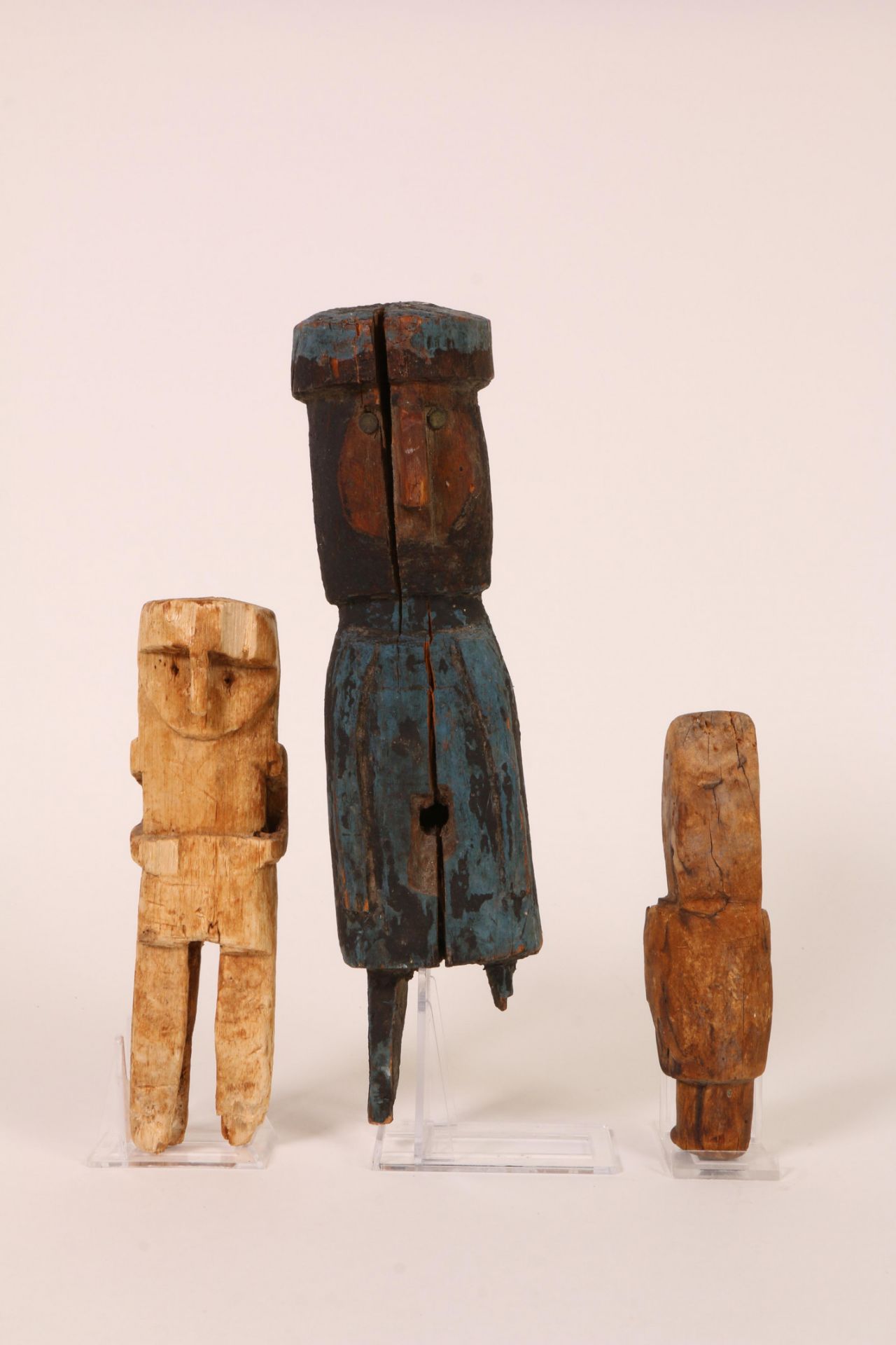 Panama, Kuna, three wooden medicine dolls. Two anthropomorphic and one stylized bird.