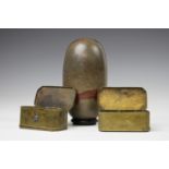 India, stone Lingham and two copper Siri boxes, possibly Indonesian.