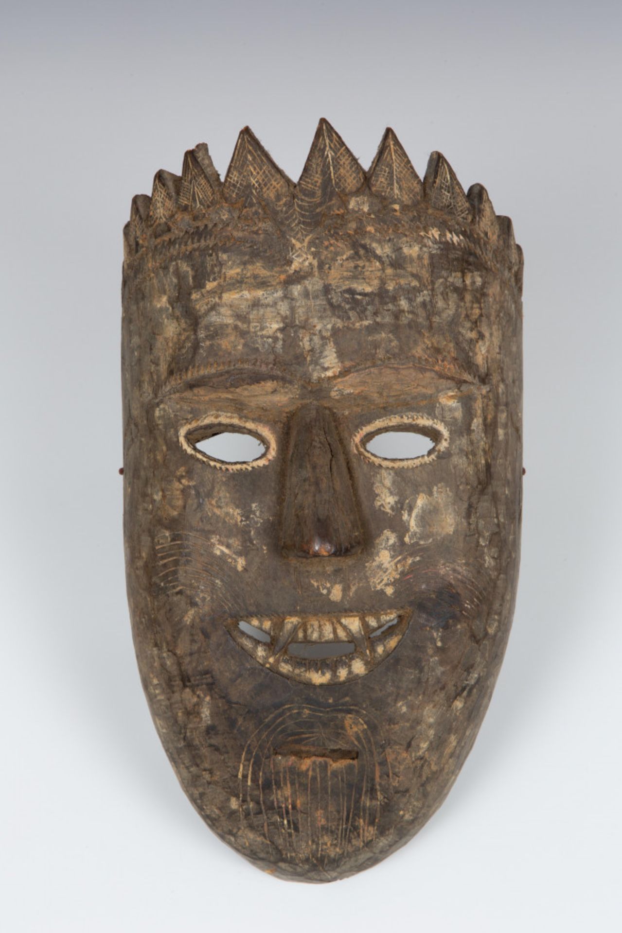 Nepal, carved wooden shaman mask with remains of lacquer seal, fangs, whiskers, goatee and crown, - Image 2 of 3
