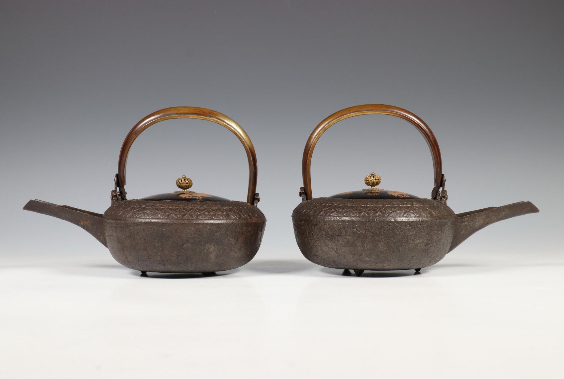 Japan, een paar gegoten ijzeren sake-ketels met lakwerk deksels en bronzen handvatten, Edo periode, - Image 5 of 5