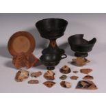 Lot of various Greek terracotta fragments, objects and a bucchero Chalice and part of Kylix, ca. 4th