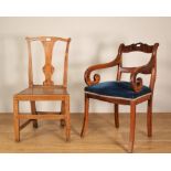 Iepenhouten stoel, 18e eeuw en mahoniehouten fauteuil, 19e eeuw,