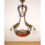 Messing en bronzen zeslichts hanglamp, ca. 1900,