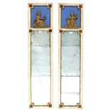Paar rechthoekige spiegels in beige gelakt houten lijst, Louis XVI,