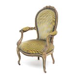 Groen en blauw gelakte fauteuil in Louis XV-stijl, 19e eeuw,