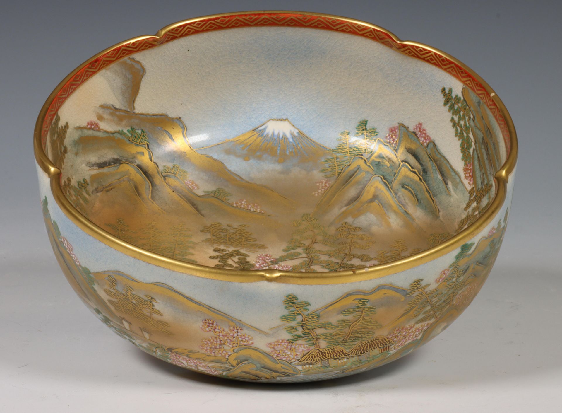 Japan, Satsuma porcelain bowl, 20th century, decorated to the interior with pavilion with mount Fuji