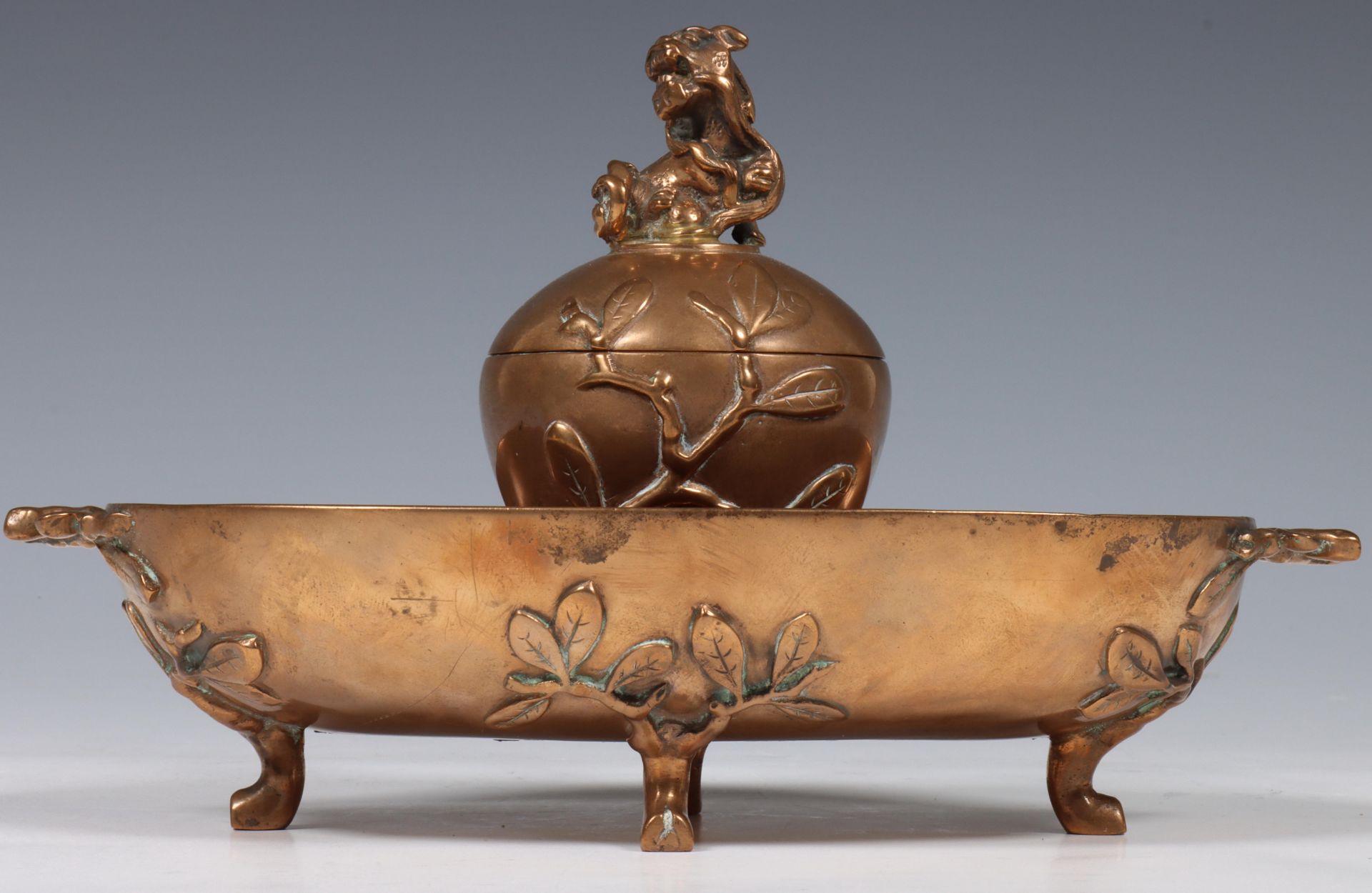 China, bronze censer and cover and copper alloy inkset, 20th century, the censer modelled with - Image 6 of 7