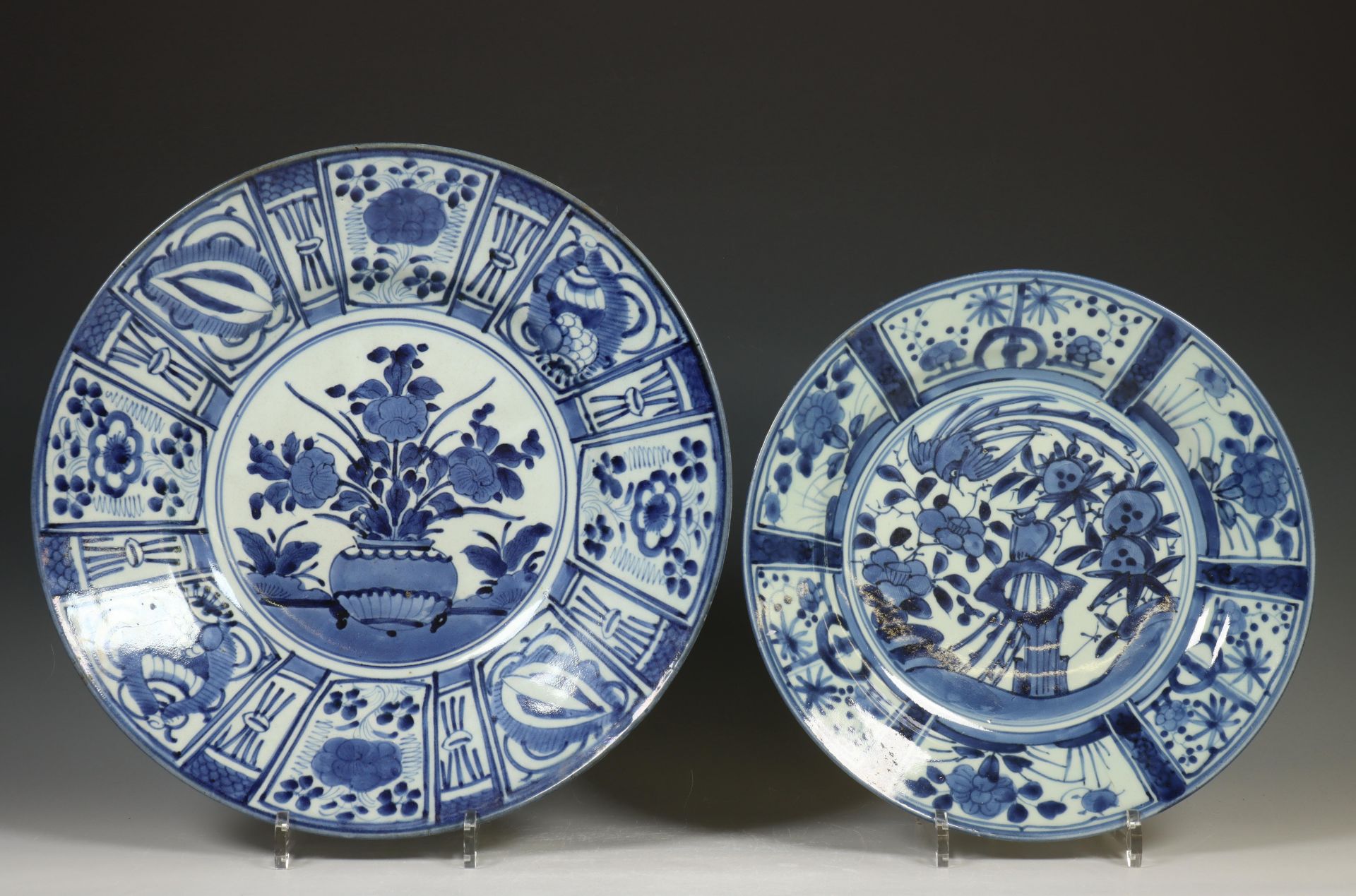 Japan, two Arita blue and white porcelain 'Kraak style' dishes, Edo period, late 17th century,