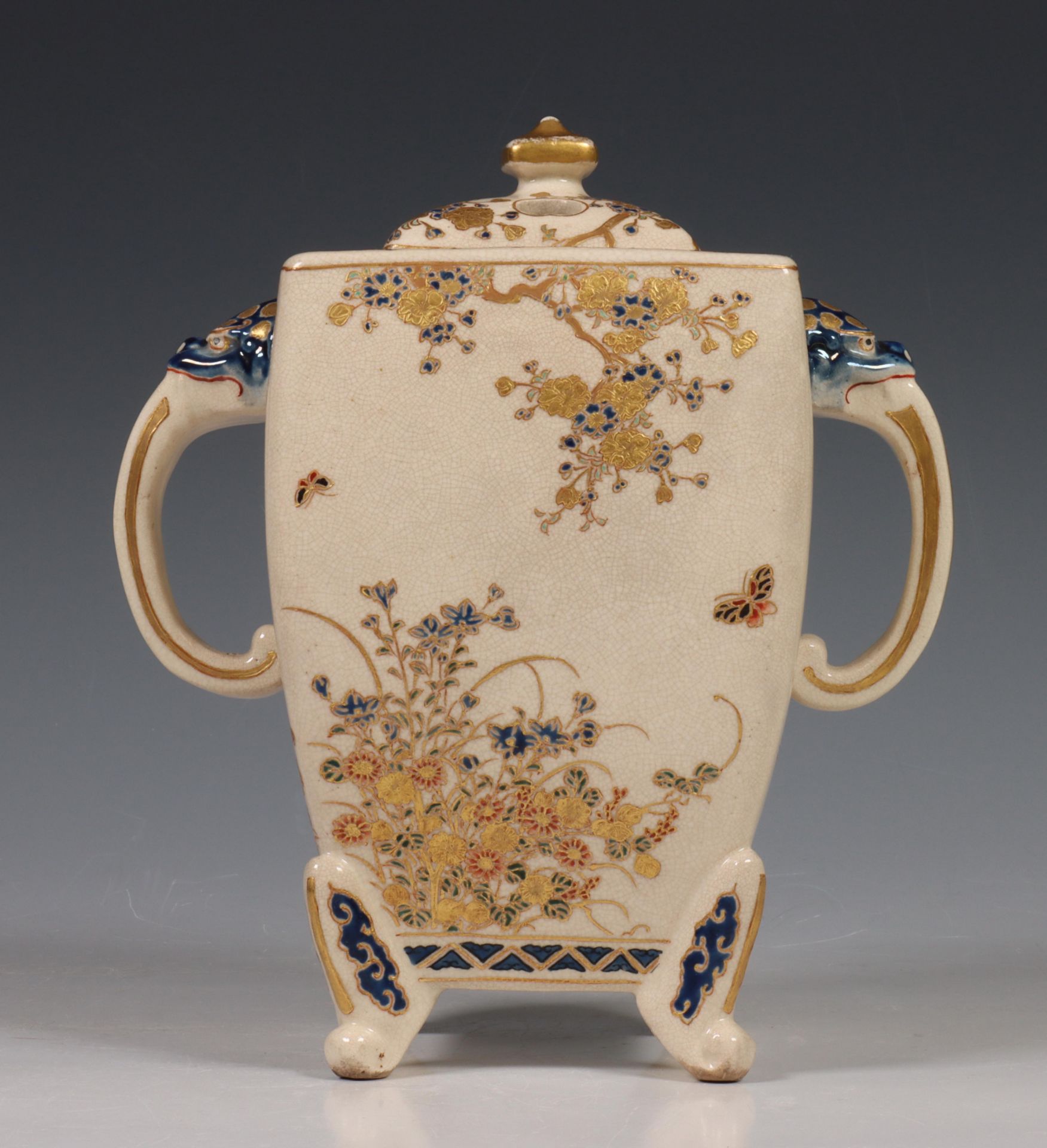 Japan, Satsuma porcelain censer, 19th/20th century, rectangular, raised on four feet and with two