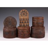 Zambia, Lozi, five spiral coiled lidded baskets,