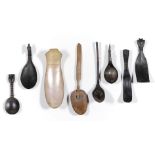 Indonesia, a collection of eight various spoons made of horn, shell and wood