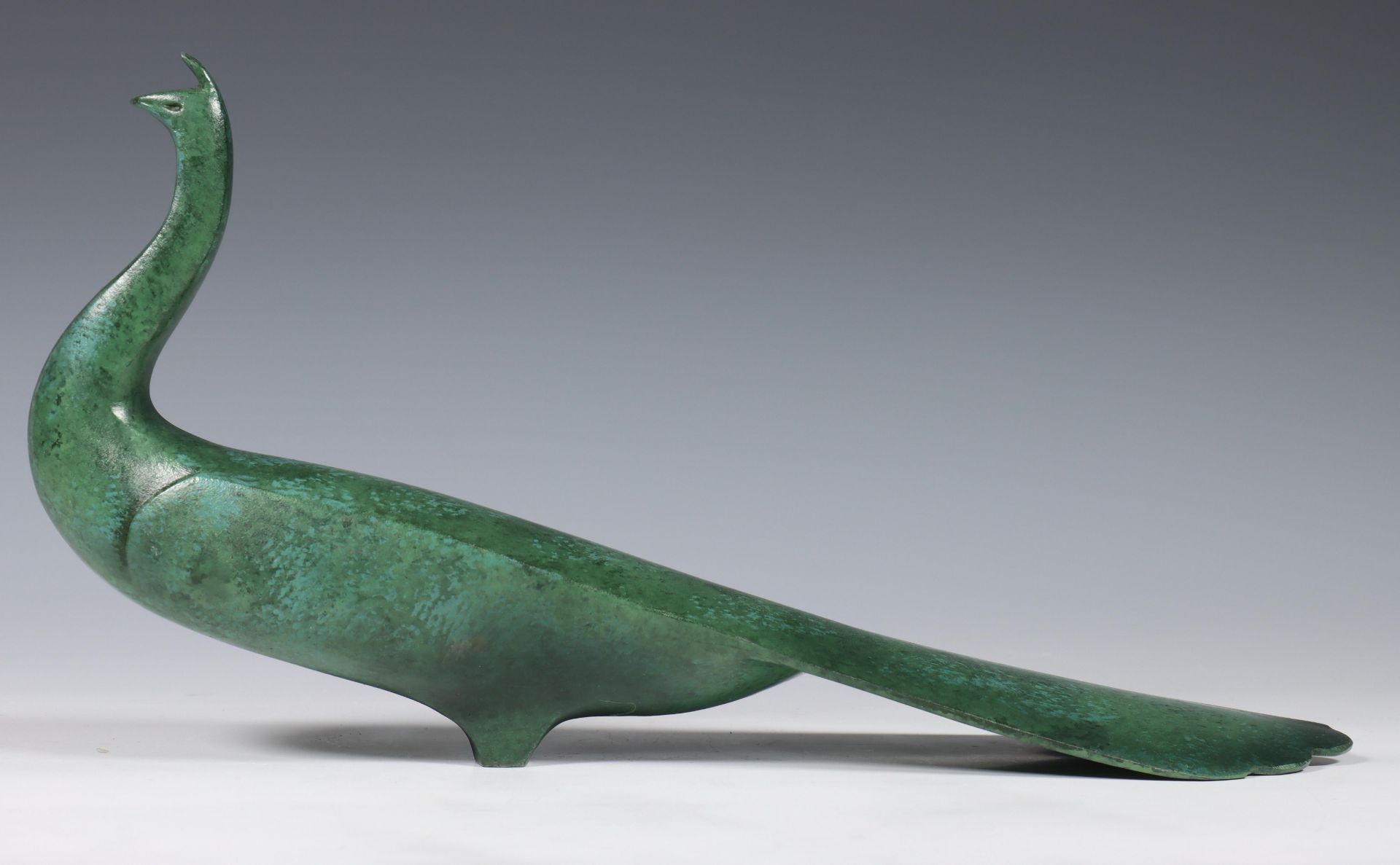 Japan, bronze green patinated okimono of a peacock, 20th century, including original signed wood