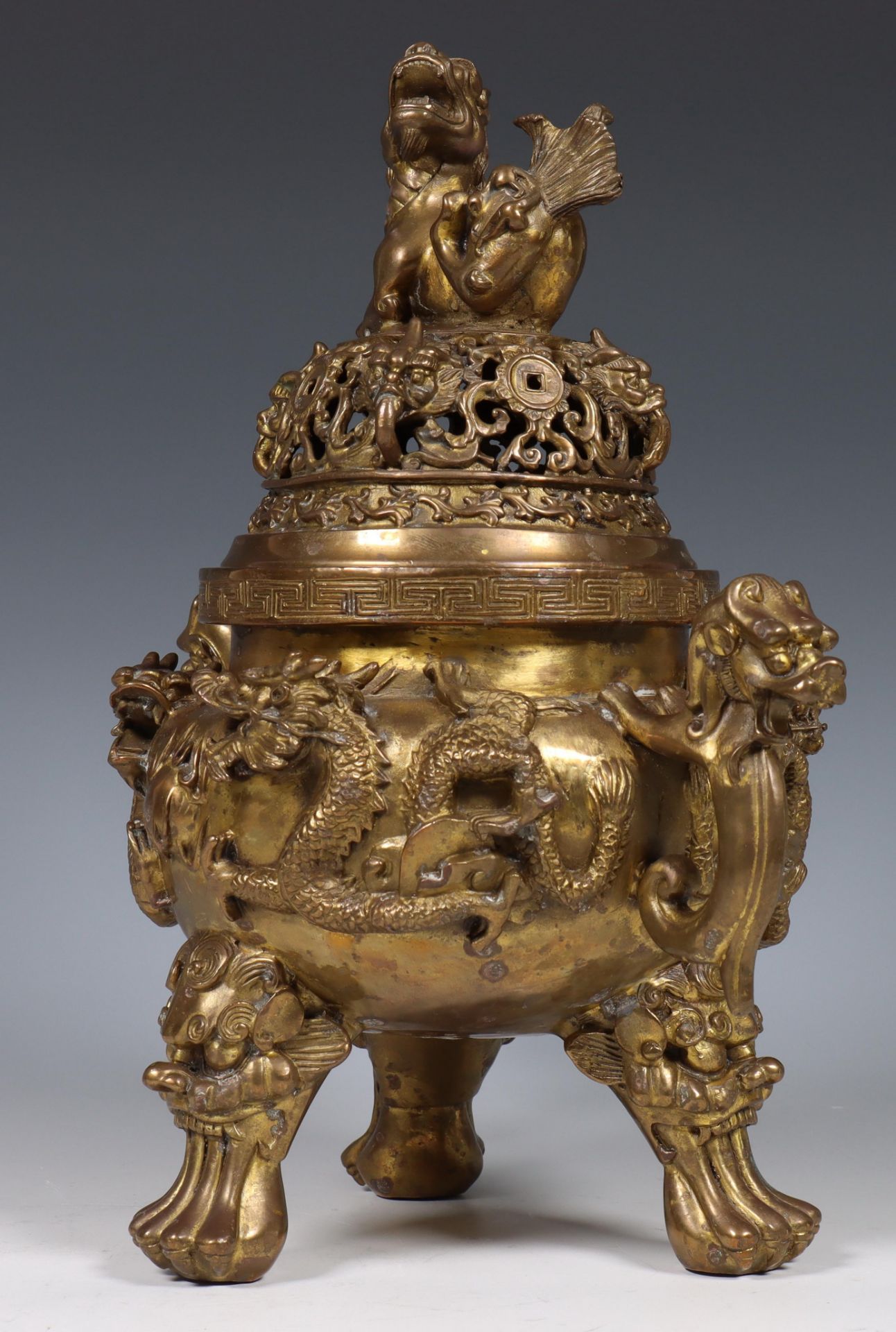 China, bronze censer and cover and copper alloy inkset, 20th century, the censer modelled with - Image 3 of 7