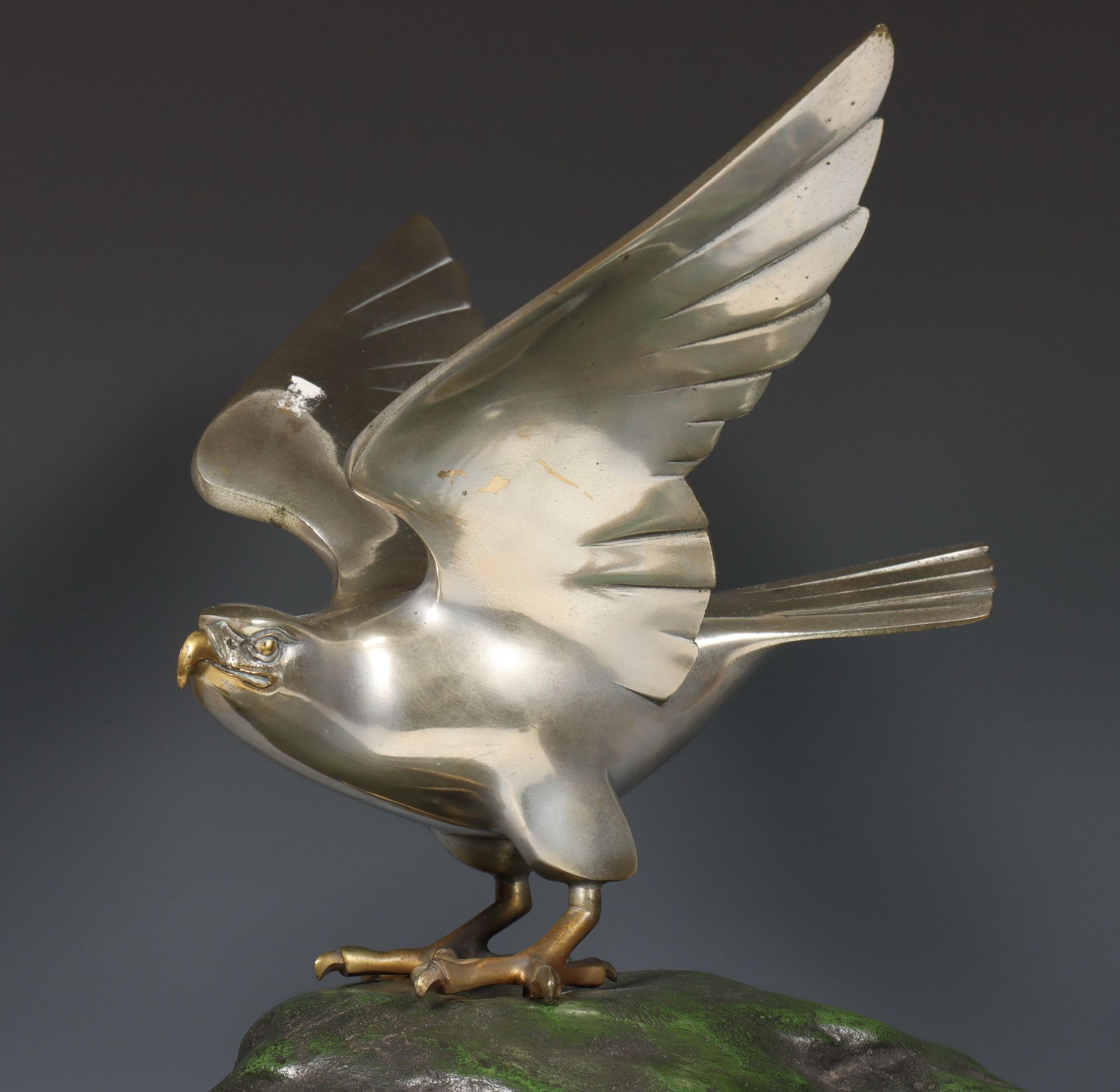 Japan, metal okimono of a silver-coloured hawk on green-patinated rockwork, signed to hawk - Image 4 of 5