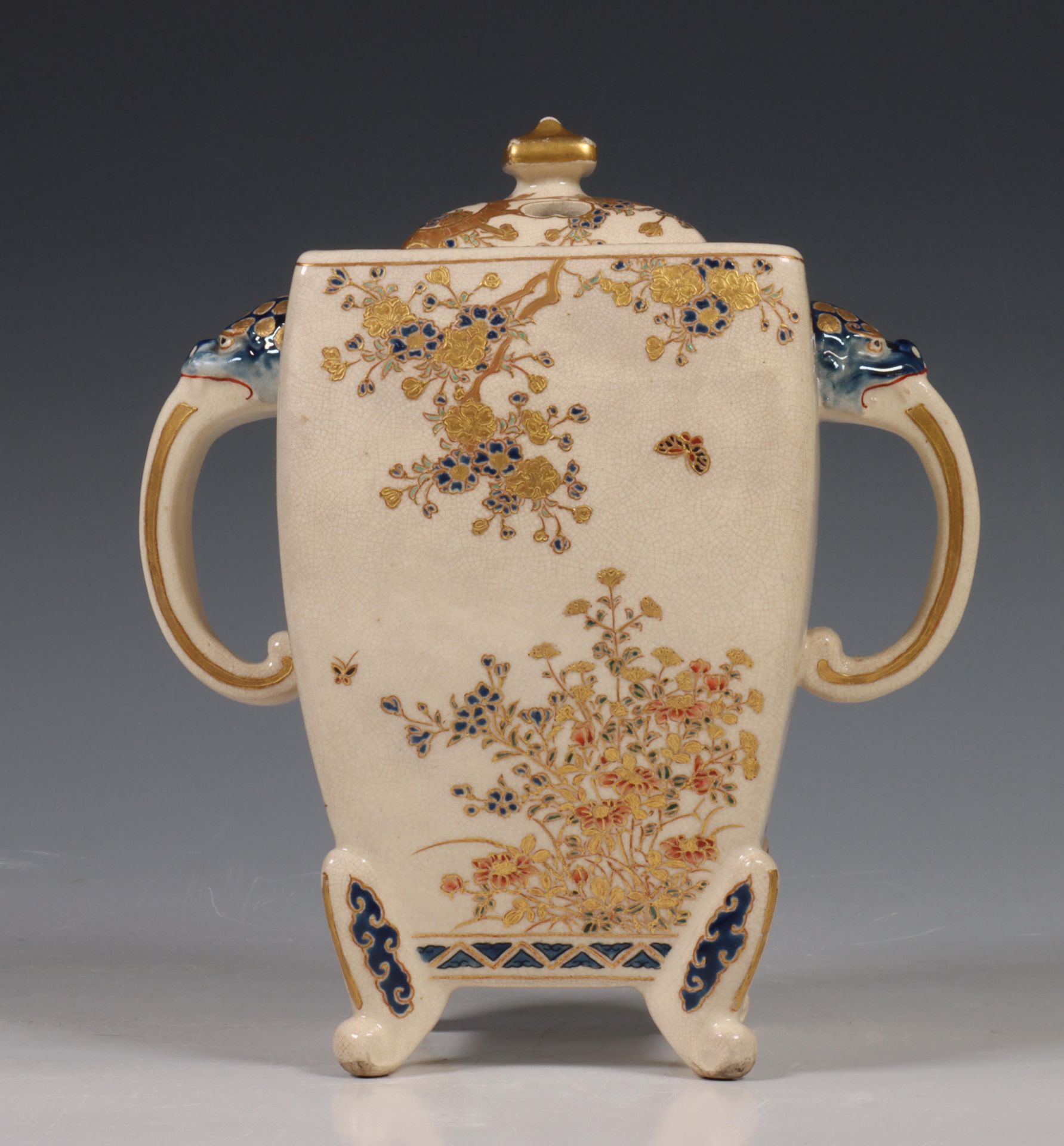 Japan, Satsuma porcelain censer, 19th/20th century, rectangular, raised on four feet and with two - Image 7 of 11