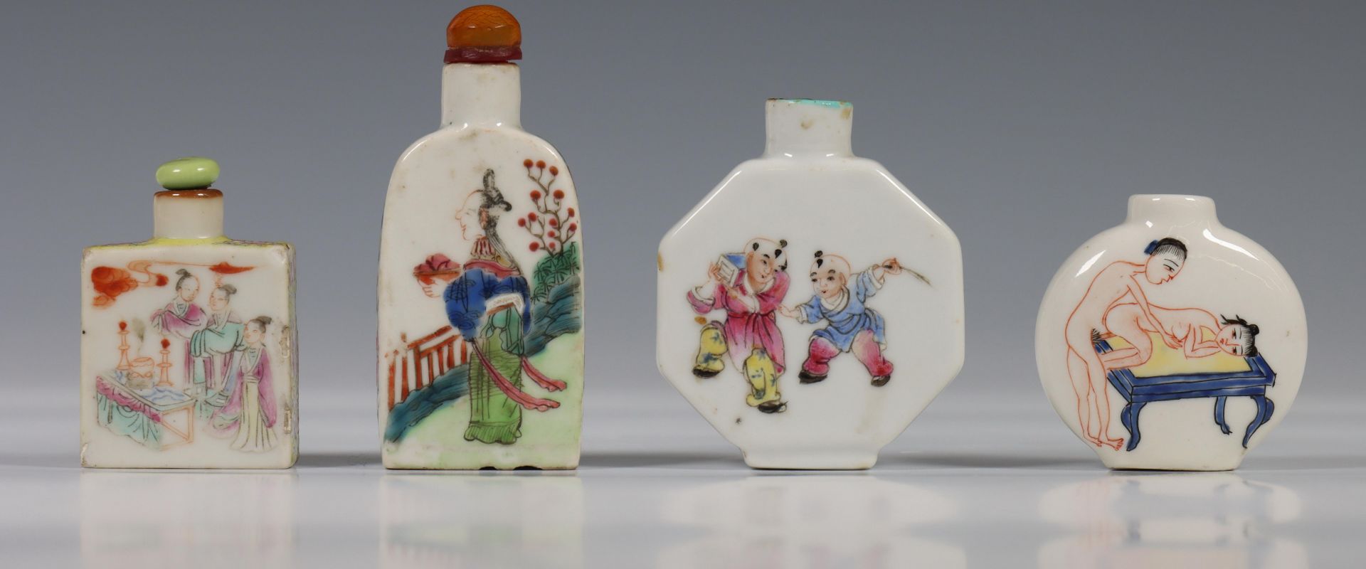 China, four figural porcelain snuff bottles, one decorated with figures in a garden, one with erotic - Image 4 of 4