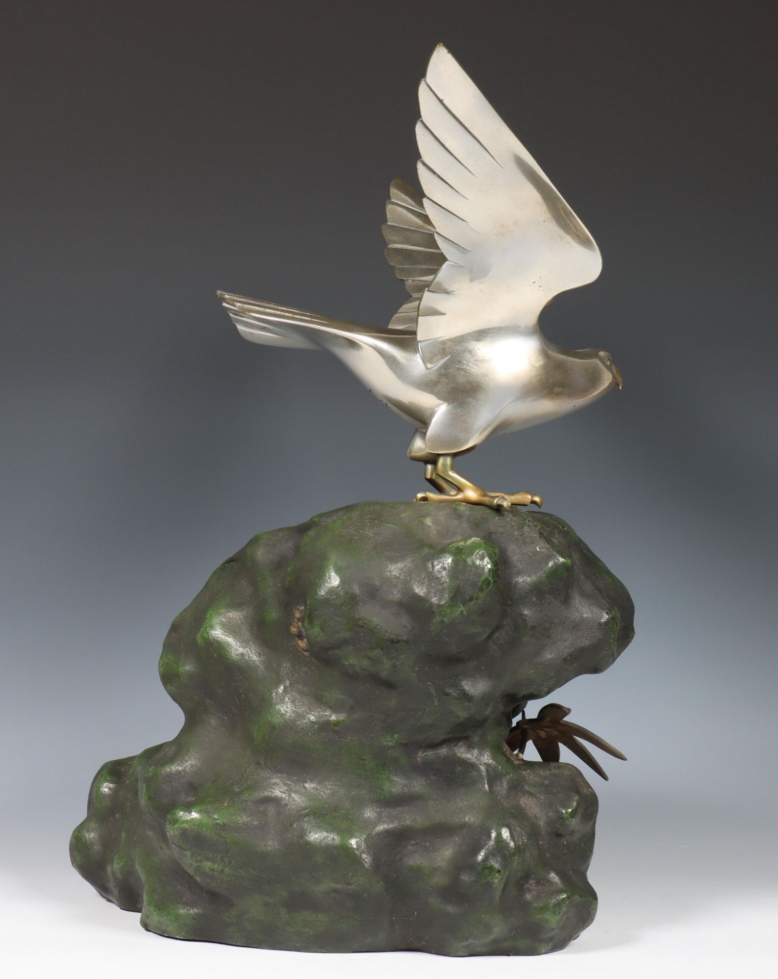 Japan, metal okimono of a silver-coloured hawk on green-patinated rockwork, signed to hawk - Image 3 of 5