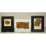 Egypt, a collection of three textile fragments, depicting two birds and a zoomorphic figure