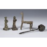 West-Africa, four brass objects: a horse, two seated human figures and a pot on a string