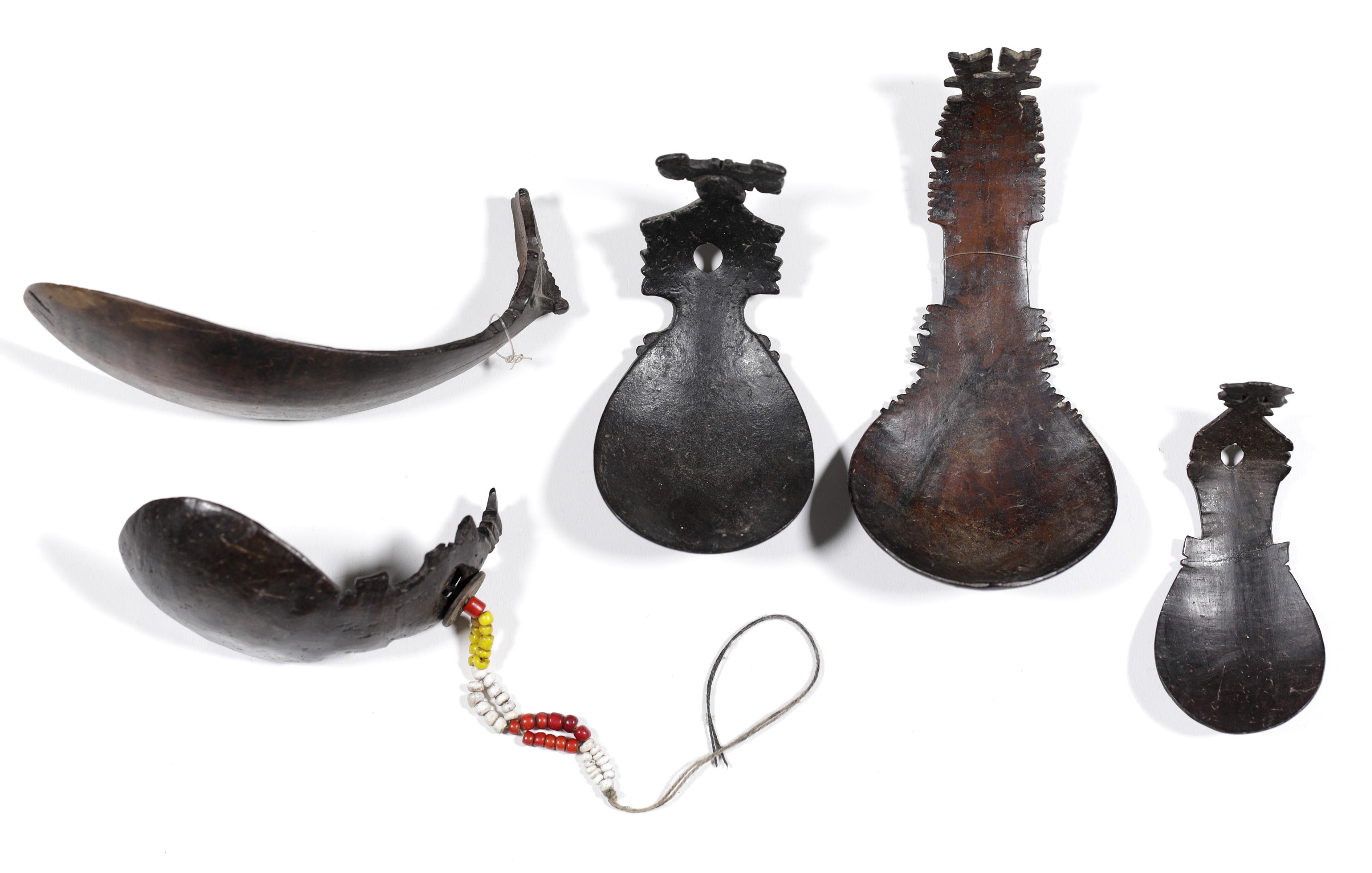 Timor, Atoni, three coconut shell and two buffalo horn spoons