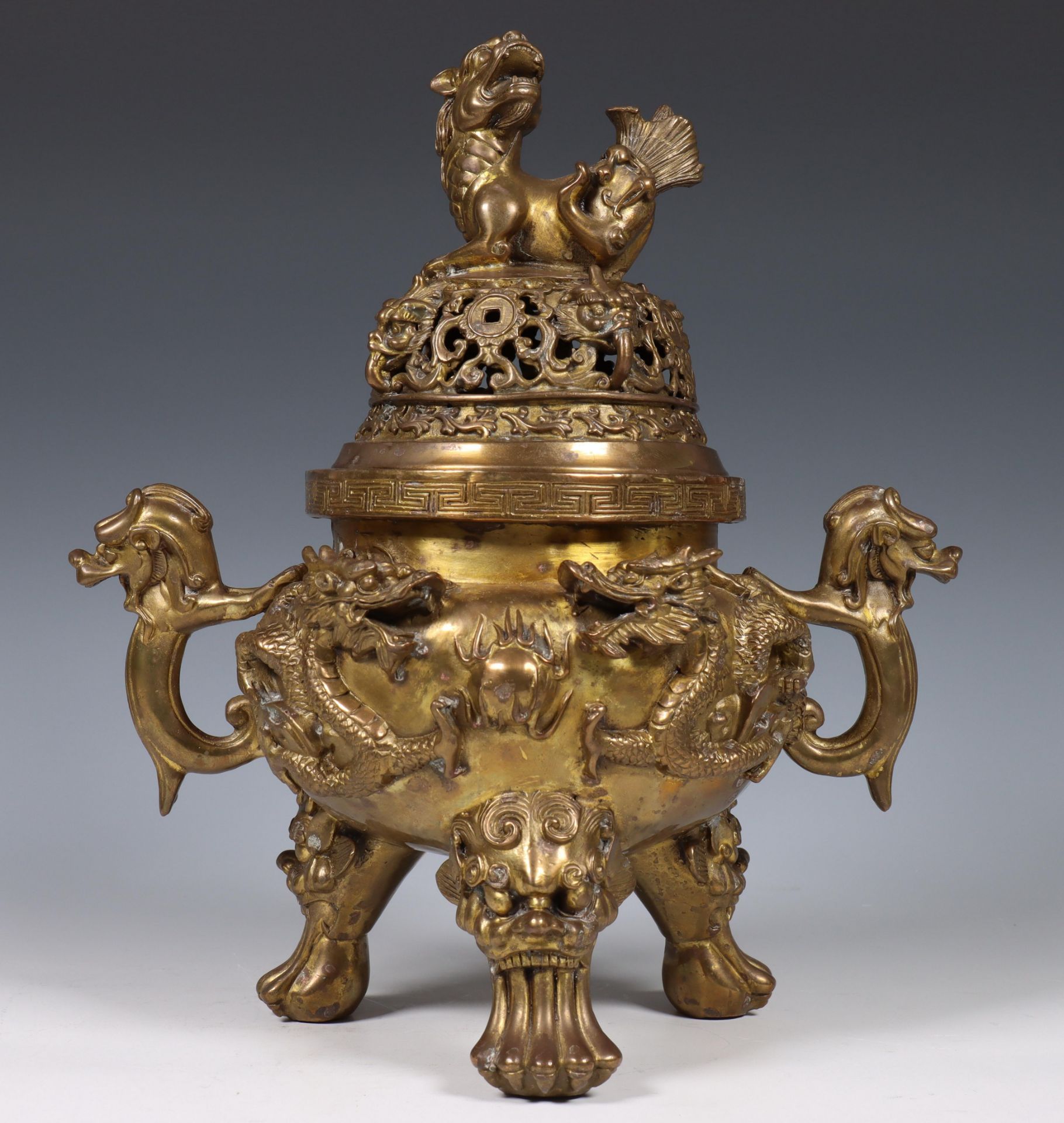China, bronze censer and cover and copper alloy inkset, 20th century, the censer modelled with