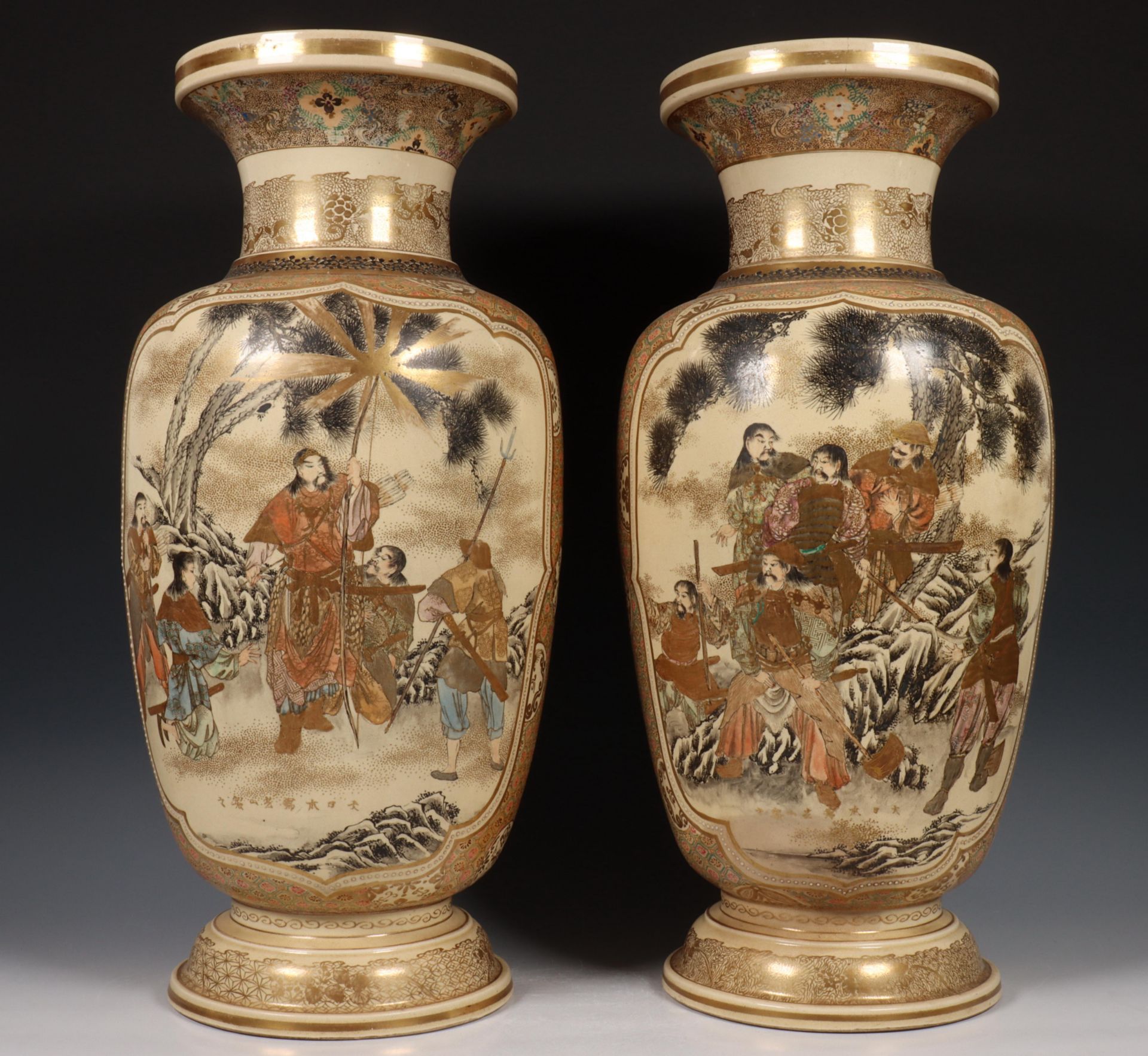 Japan, two Satsuma baluster vases, late 19th century, variously decorated with scenes of Samurai