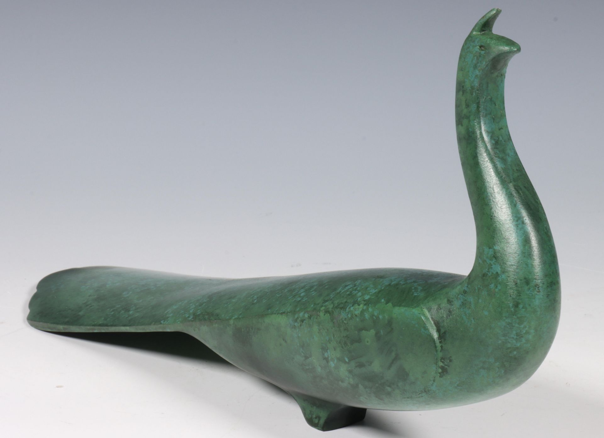 Japan, bronze green patinated okimono of a peacock, 20th century, including original signed wood - Image 3 of 3