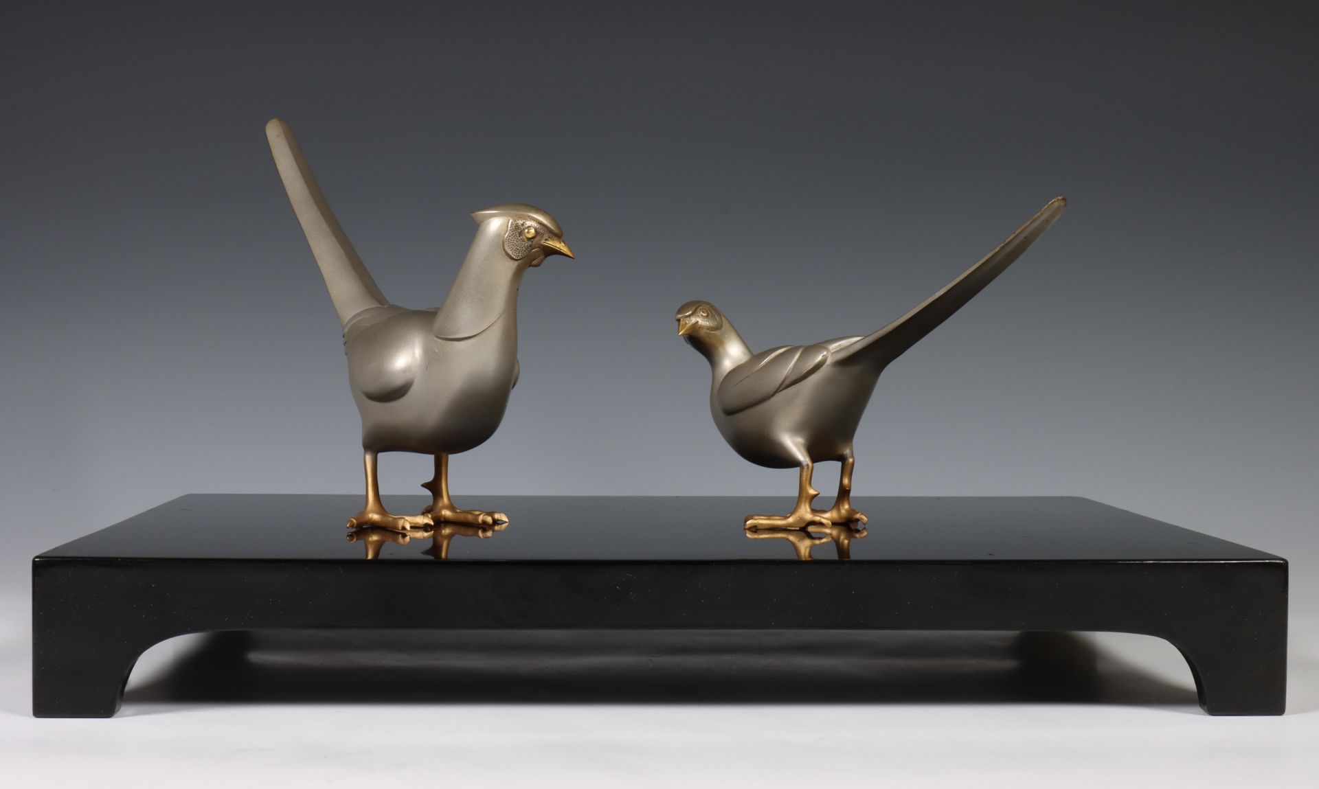 Japan, white bronze okimono of two pheasants, Showa period, signed, the two loose animals on a stand - Image 2 of 3