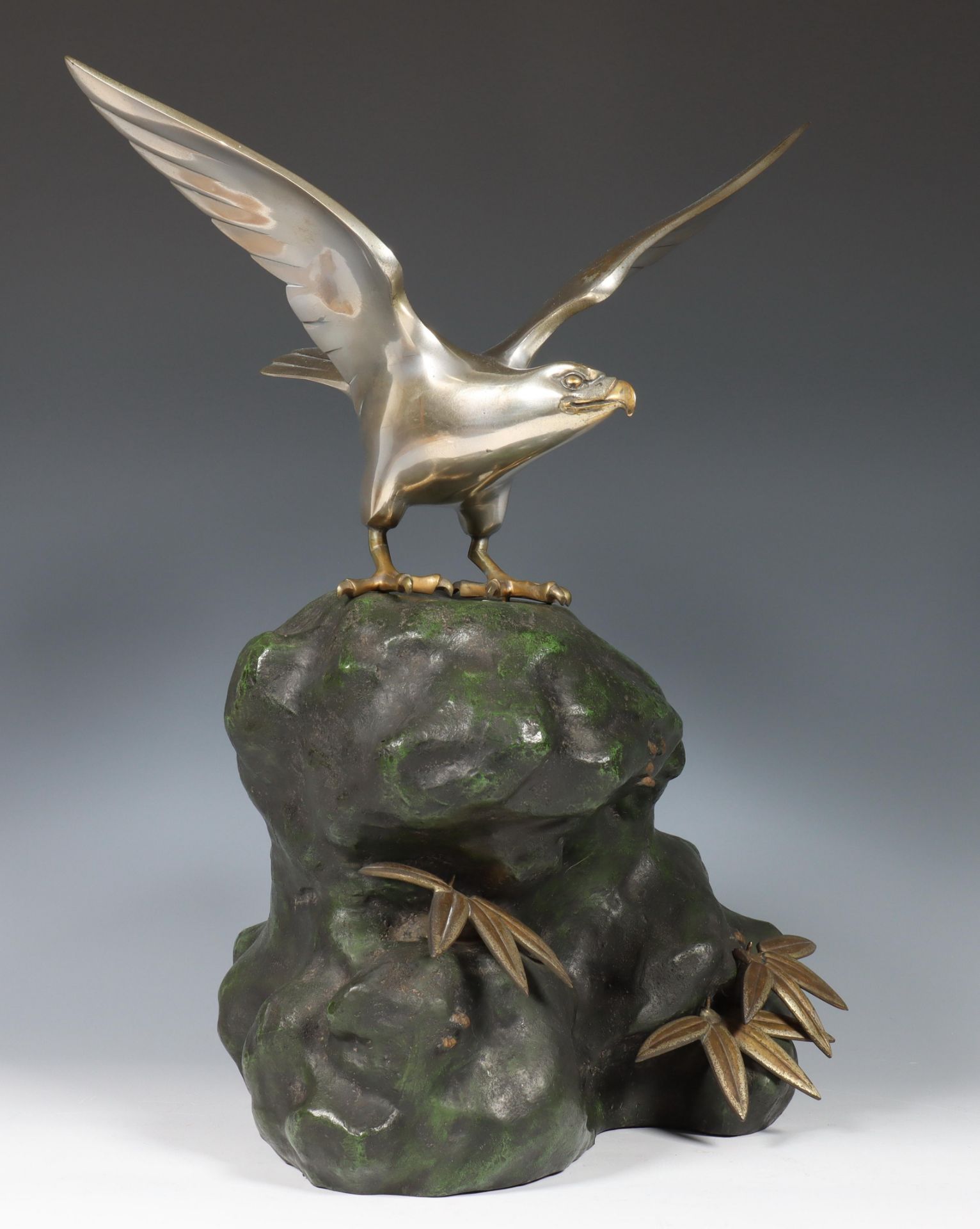 Japan, metal okimono of a silver-coloured hawk on green-patinated rockwork, signed to hawk - Image 2 of 5