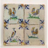 Vier polychroom aardewerk dierendecor tegels, ca. 1620-1650;