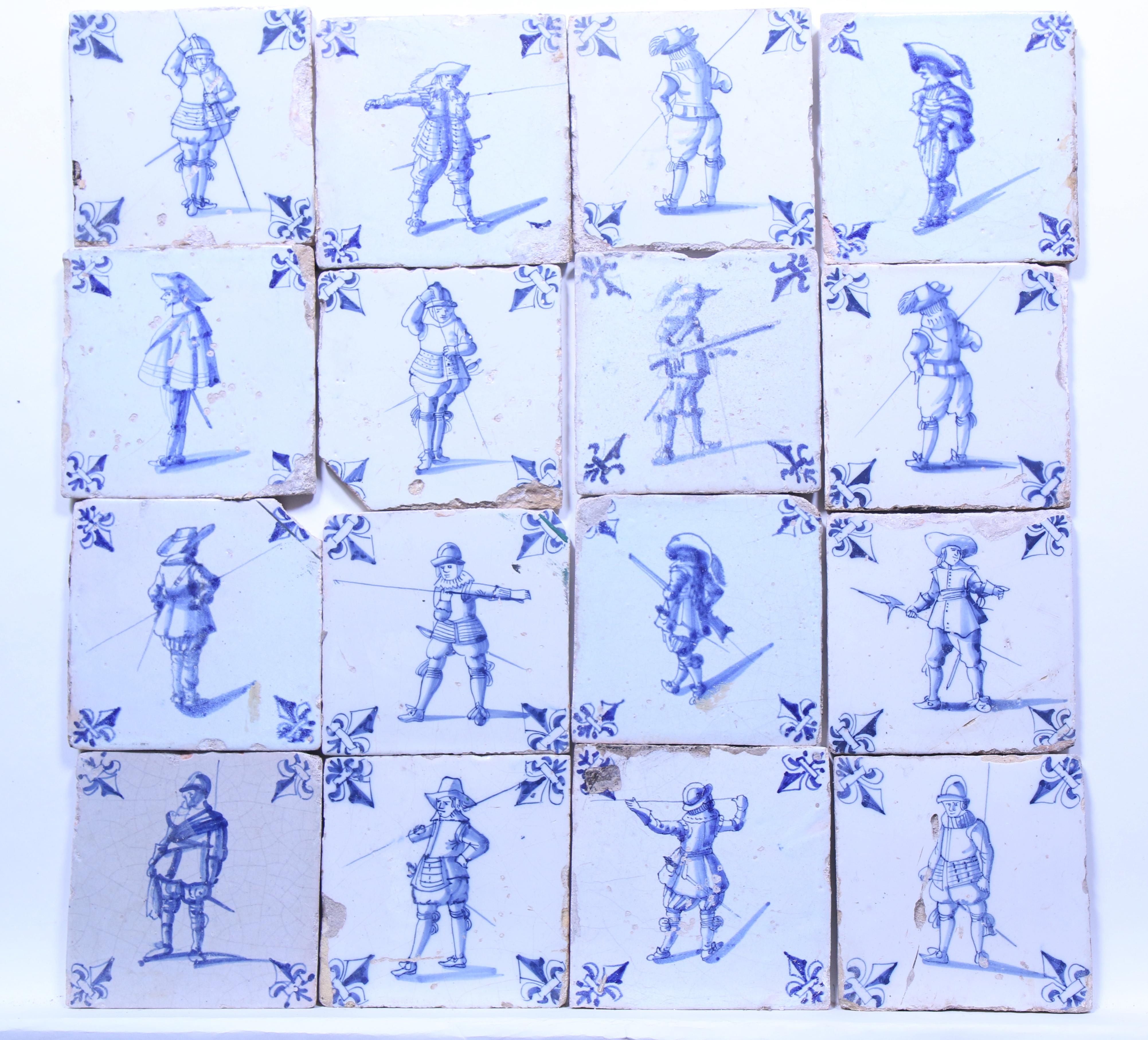 Achttien blauw aardewerk figuurdecor tegels, ca. 1620 - 1650;