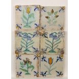 Zes polychroom aardewerk bloemendecor tegels, ca. 1620-1650;