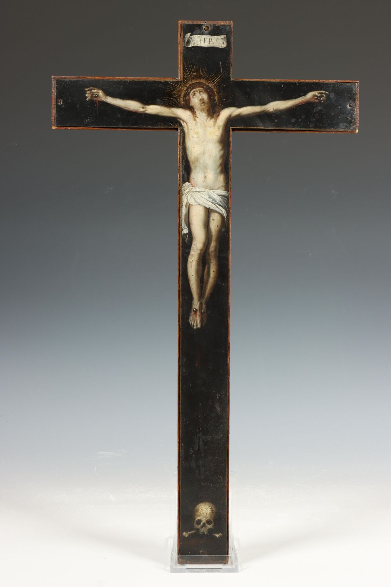 Vlaamse School, op koper geschilderde crucifix, 17e eeuw.