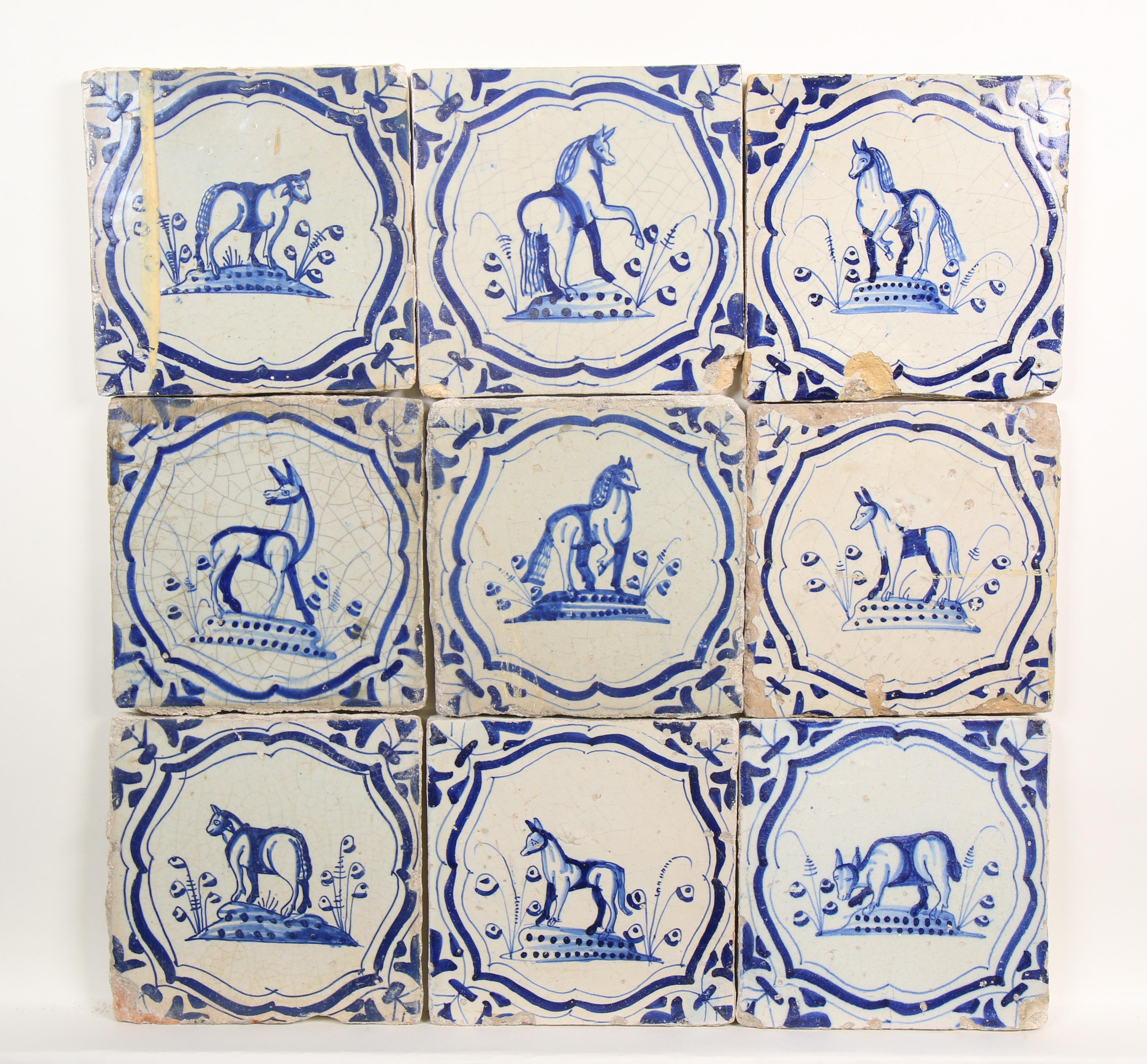 Negen blauw aardewerk dierendecor tegels, ca. 1625-1650;
