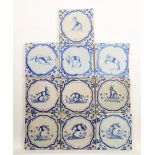 Tien blauw aardewerk dierendecor tegels, 1625-1650,