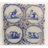 Vier blauw aardewerk dierdecor tegels, ca. 1625-1650;