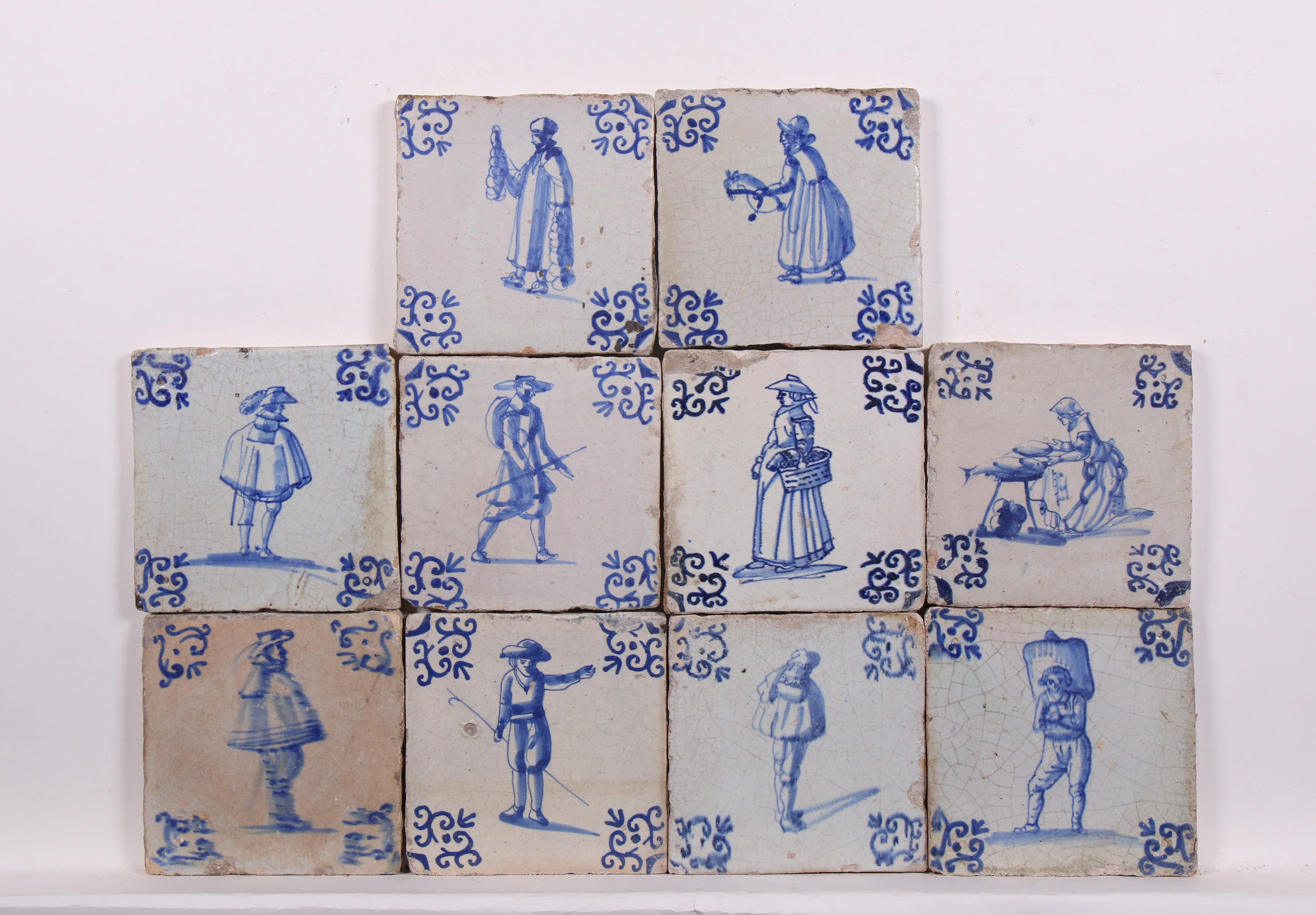 Negen blauw aardewerk figuurdecor tegels, 1625 - 1650;