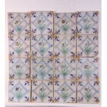 Zestien polychroom aardewerk bloemendecor in gekarteld kwadraat tegels, ca. 1620 - 1650;