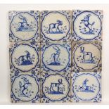 Negen blauw aardewerk dierendecor tegels, ca. 1625-1650;