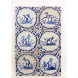 Zes blauw aardewerk dierendecor tegels, ca. 1625-1650;