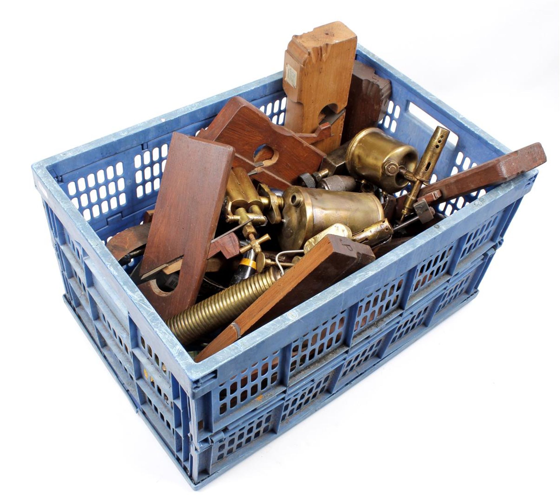 Crate with various hand tools