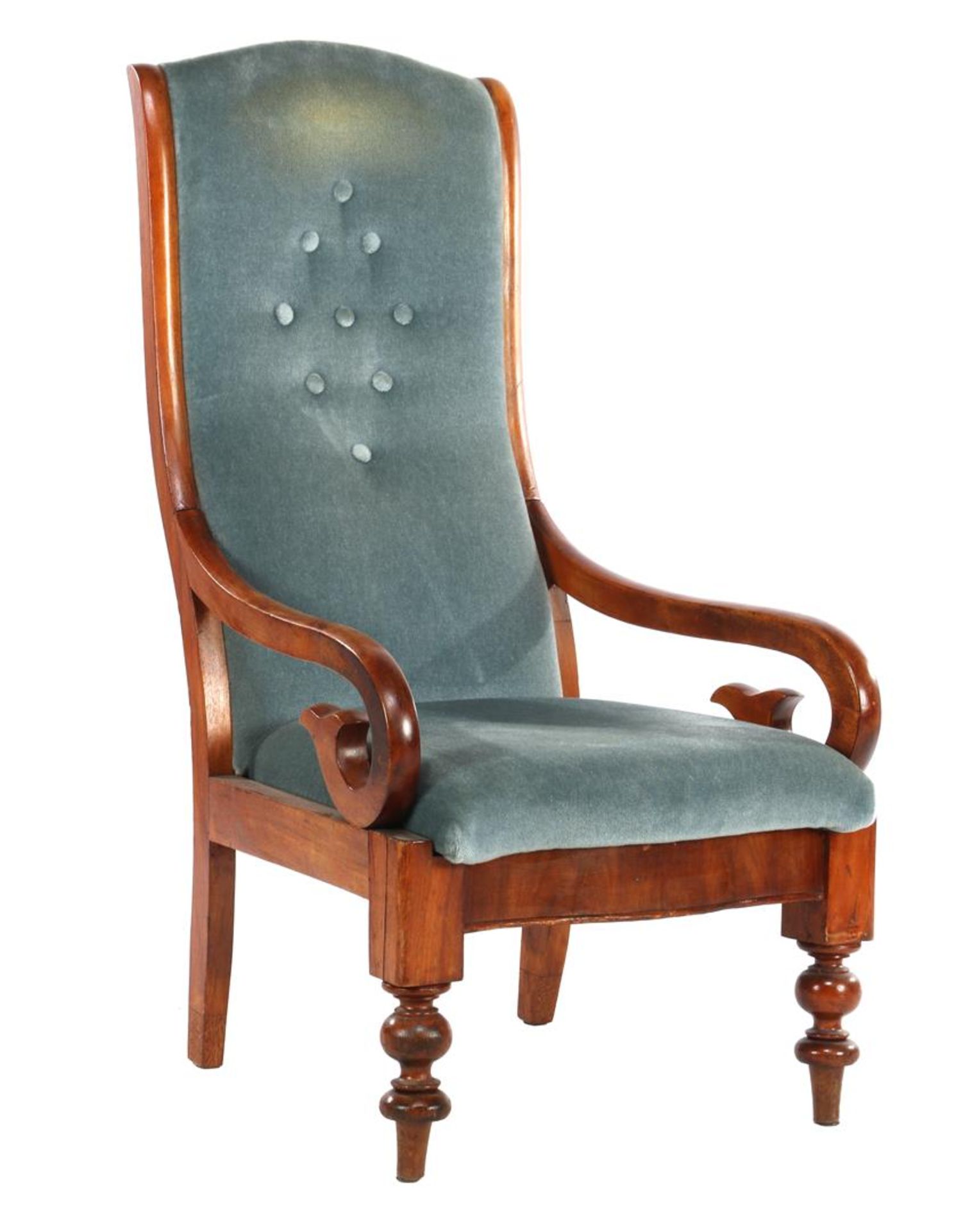 Walnut armchair with blue mohair