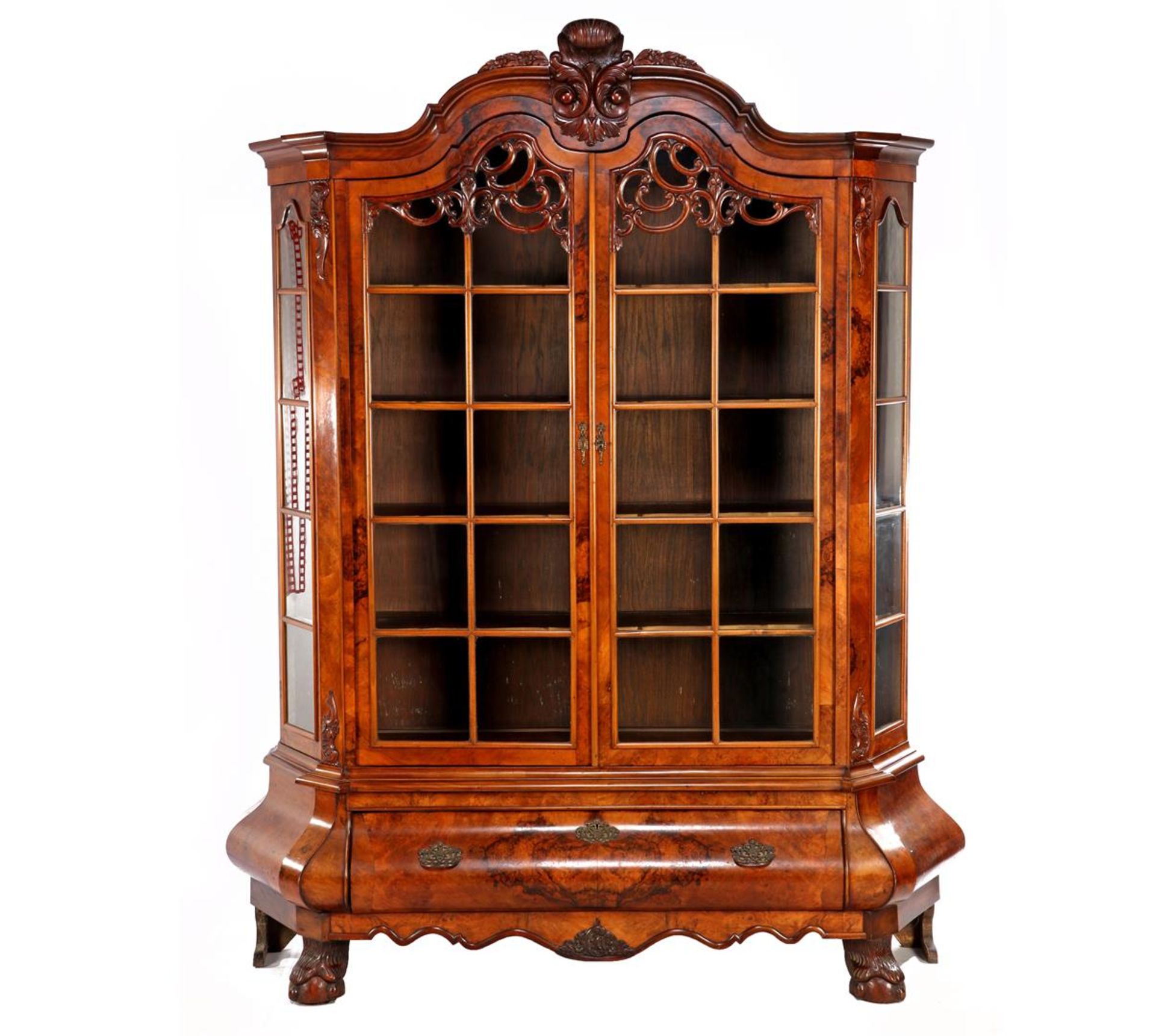 Demountable walnut with burr walnut Dutch porcelain cabinet