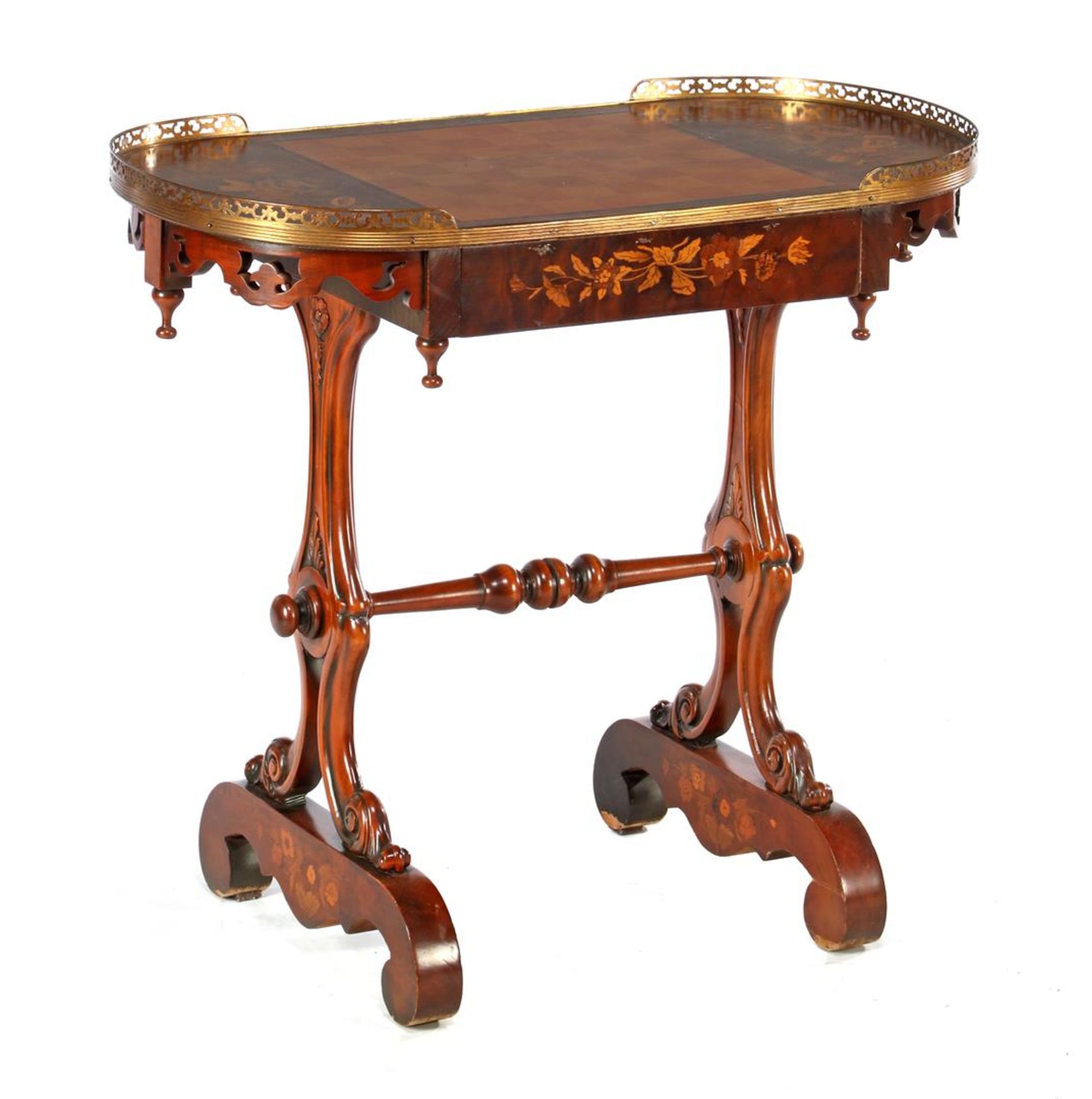 Nut color inlaid play table with oval top and drawer