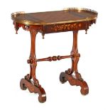 Nut color inlaid play table with oval top and drawer