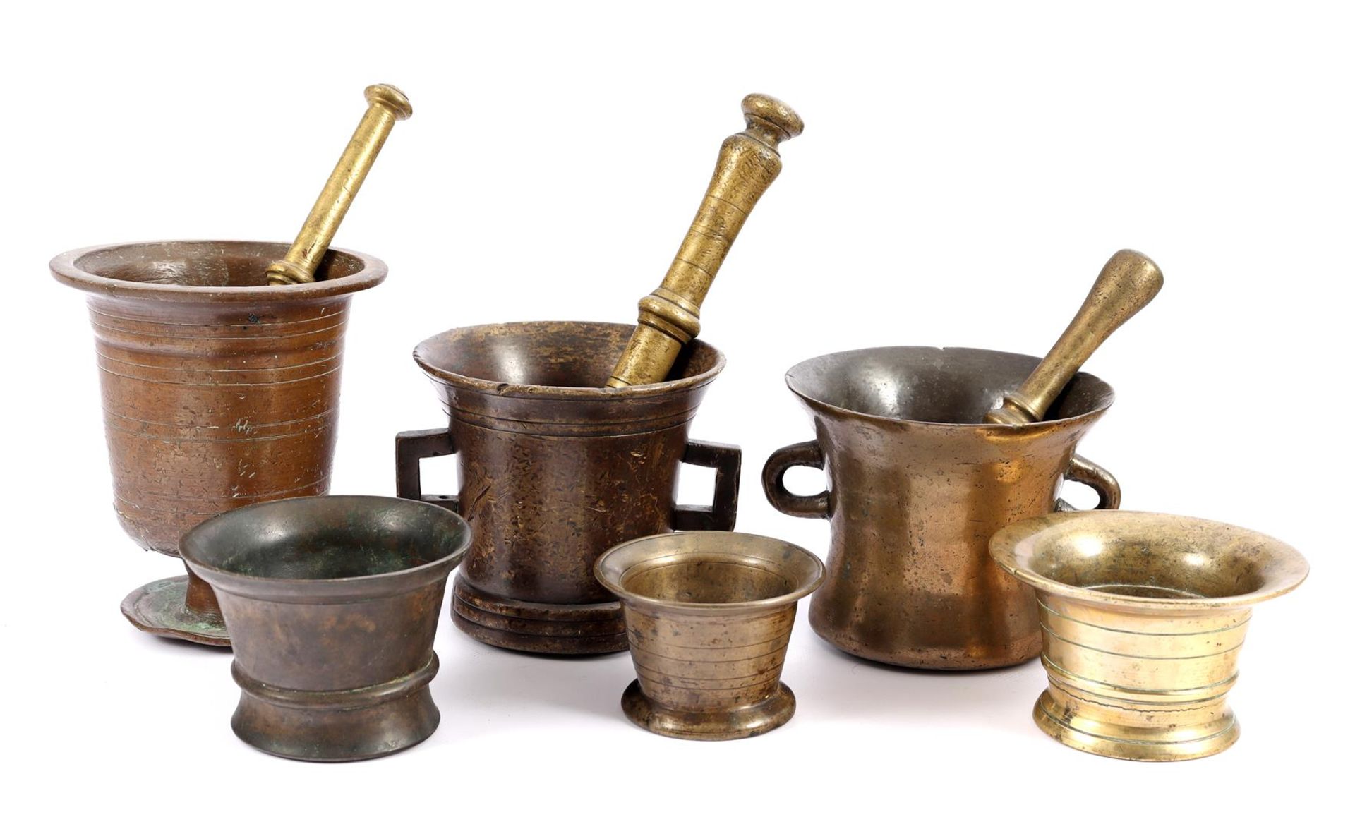 6 antique bronze mortars