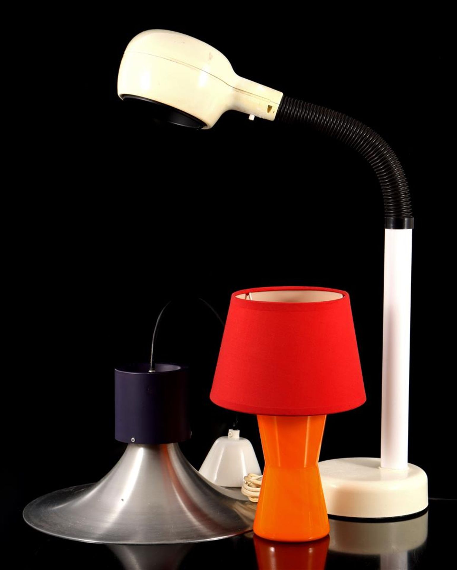Orange glass table table lamp with red upholstered shade